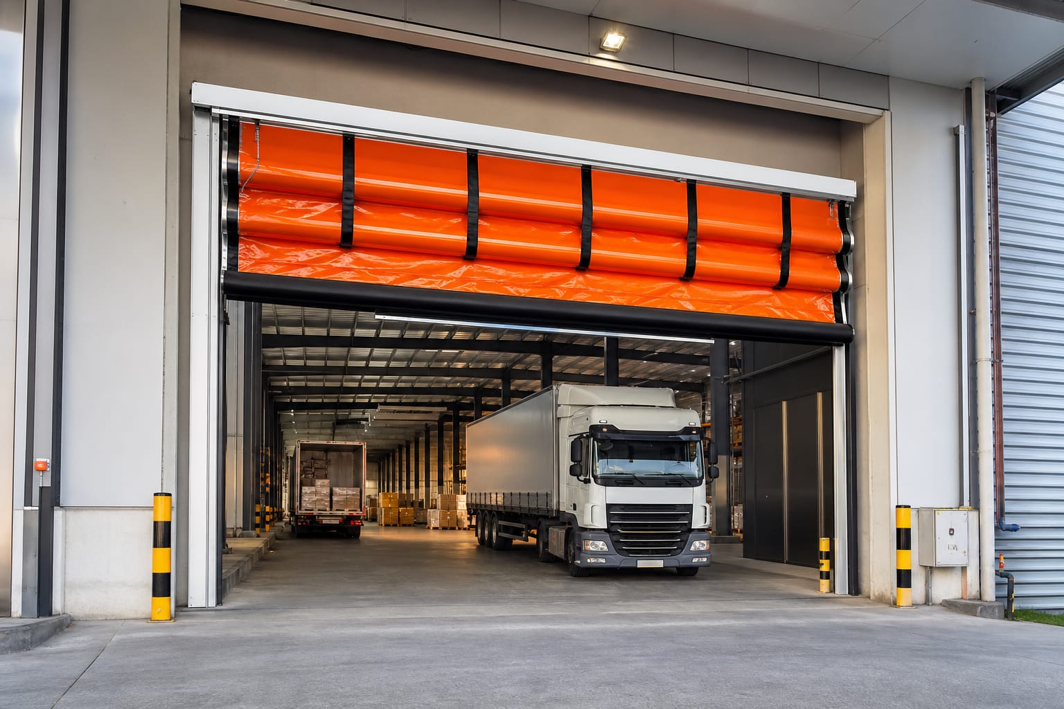 Katlanır hızlı PVC kapı — geniş fabrika girişinde fold-up endüstriyel otomatik kapı