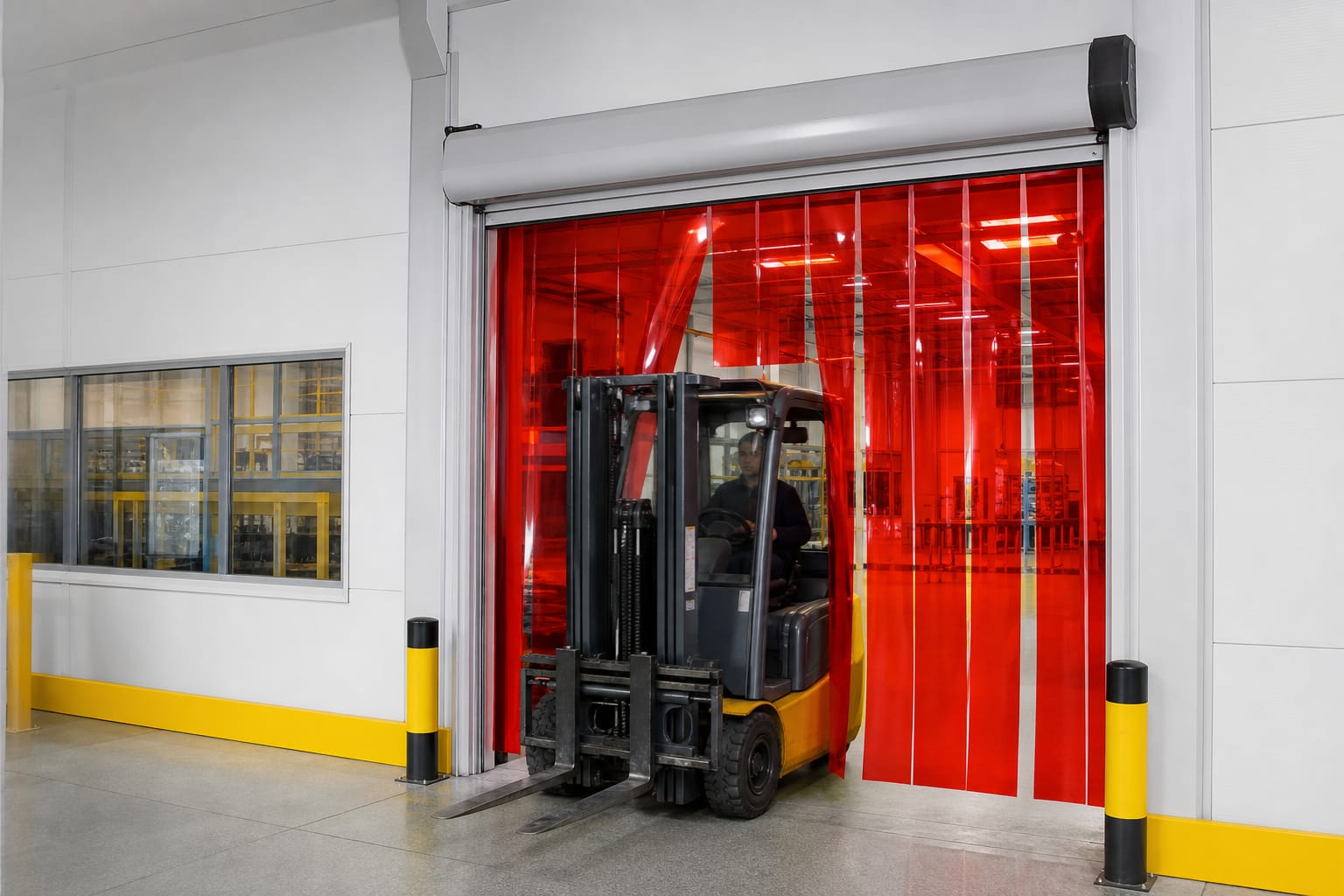 Sarmal hızlı PVC kapı — fabrika ve depo forklift geçişinde endüstriyel otomatik kapı sistemi